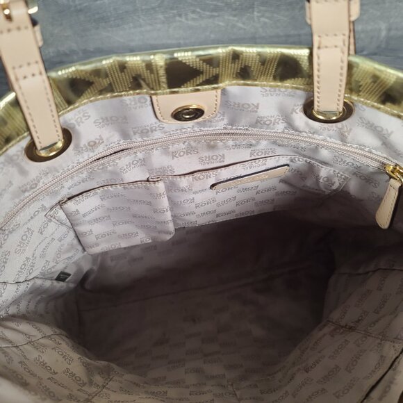 Michael Kors MK Logo Mirror Metallic Gold Monogram Luxury Tote Bag Purse Large - Picture 9 of 13